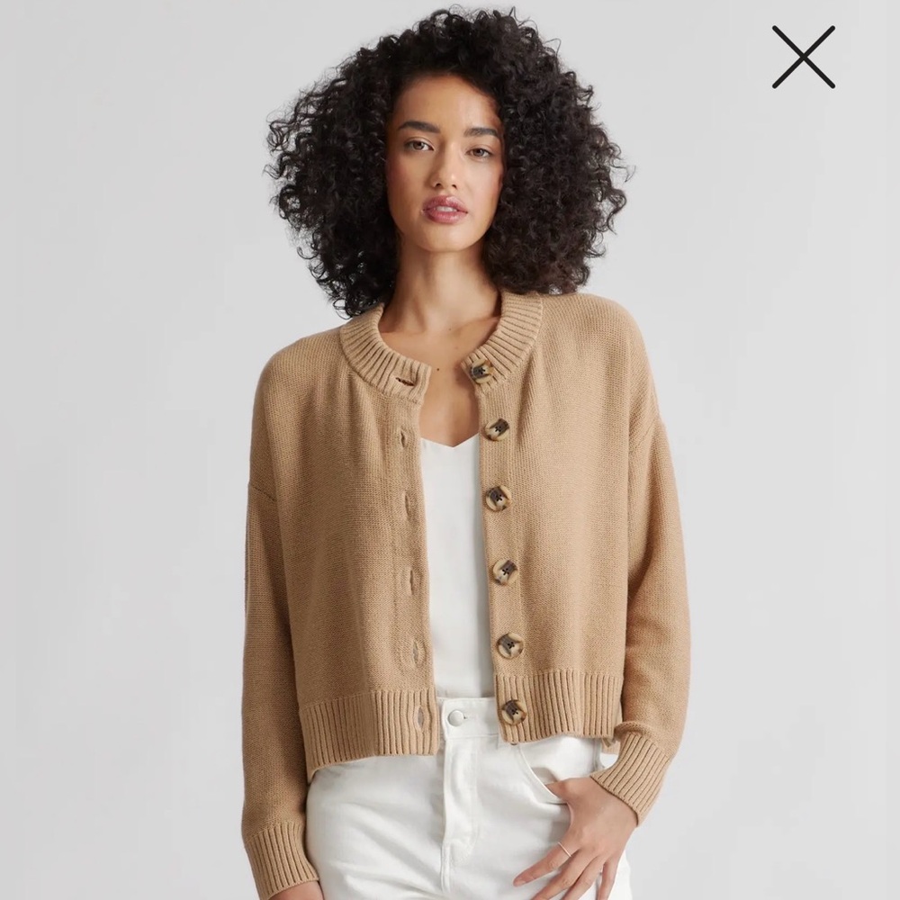 Quince 100% Organic Cotton Cropped Cardigan, M, Camel